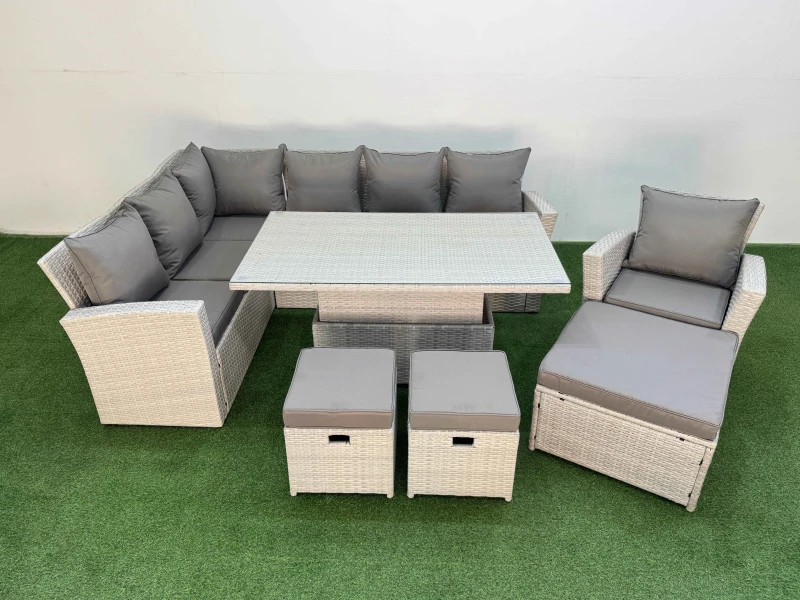 Image of Fimous 10 Seat Garden Furniture Corner Sofa with 3 Footstools Light Grey Light Grey Unisex