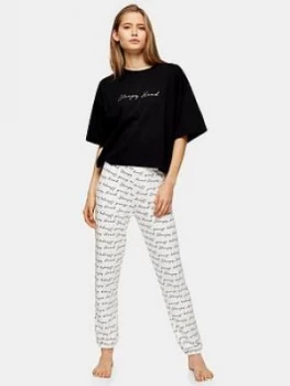Image of Topshop Sleepy Head Slogan Jersey Pyjama Set - Monochrome