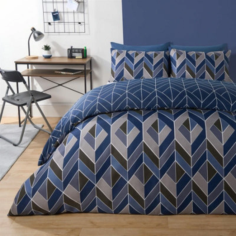 Image of OHS OHS Geo Duvet Cover Bedding Set Pillowcase Reversible Quilt Soft Chevron in Dark Navy Size: Double Dark Navy Double Unisex 5027434203673