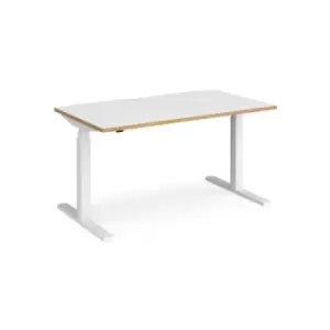 Image of Height Adjustable Desk Rectangular Desk 1400mm White/Oak Tops With White Frames 800mm Depth Elev8 Touch