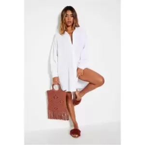 Image of I Saw It First White Linen Crinkle Oversized Shirt Dress - White