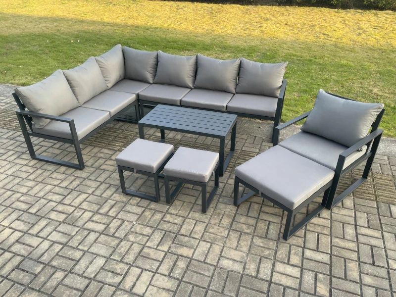 Image of Fimous Aluminum 10 Seater Outdoor Lounge Corner Sofa Set Garden Furniture Sets with Oblong Coffee Table Chair 3 Footstools Dark Grey Dark Grey Unisex