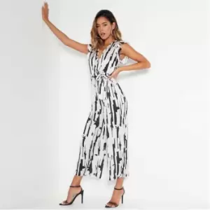 Image of I Saw It First Satin Abstract Print Frill Sleeve Plunge Tie Waist Culotte Jumpsuit - White