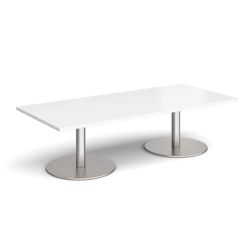 Image of Monza Rectangular Cafe and Bistro Coffee Table with Flat Round Brushed Steel Base - Top 1800mm x 800mm - White