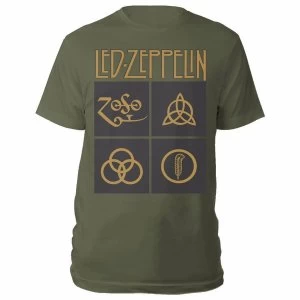 Image of Led Zeppelin - Gold Symbols in Black Square Unisex Small T-Shirt - Green