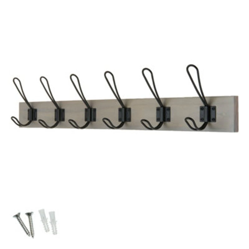 Image of Keypak Rustic Wall Mounted Coat Rack, Vintage Double Wire Coat Hooks On Wooden Base, Fixings Included (6 Hooks, Light Grey Ash)