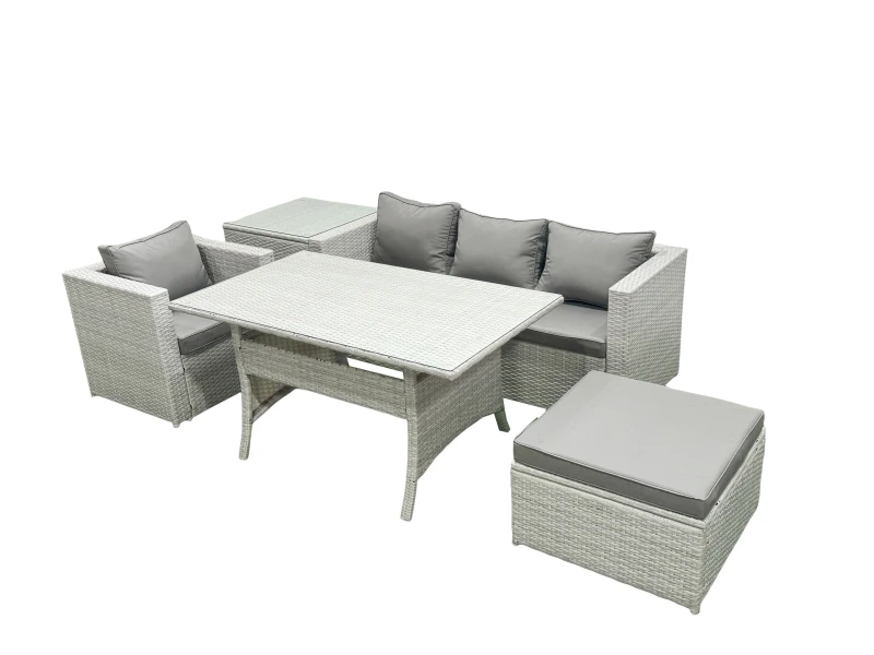 Image of Fimous Rattan Garden Furniture Set Outdoor 5 Seater Patio Dining Sets with Glass Top Dining Table and Side Table Light Grey Mixed Light Grey