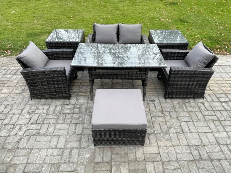 Image of Fimous 5 Seater PE Wicker Outdoor Garden Furniture Set Patio Furniture Rattan Rectangular Dining Table in Dark Grey Dark Grey Unisex