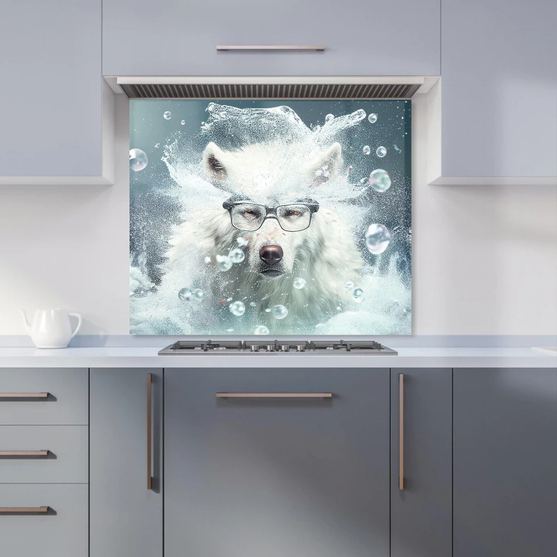 Image of Warren Reed - Designer White Wolf With Glasses Splashart Kitchen Splashback Size: 600mm x 600mm White Unisex 600mm x 600mm