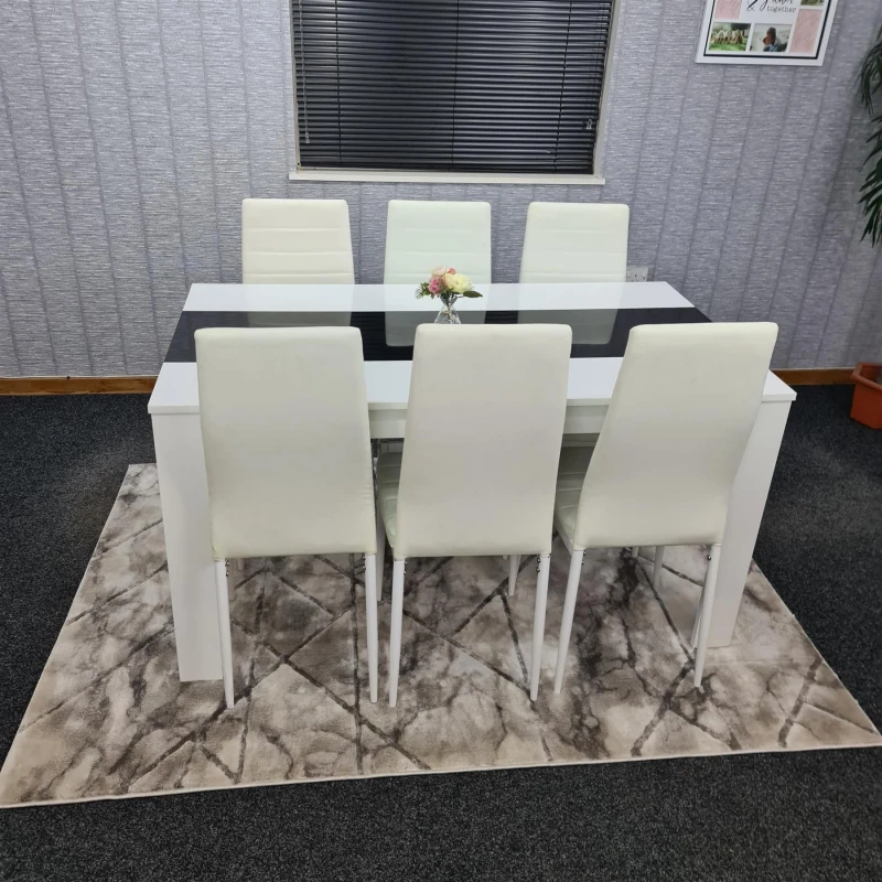 Image of KOSY KOALA Dining Table and 6 Chairs White Black Wood 6 Leather White Chairs Dining Room Modern w/b 140 + 6 white metal