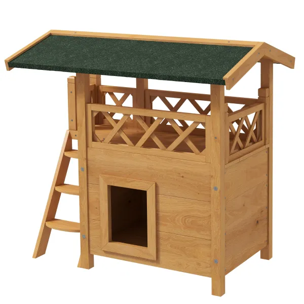 Image of PawHut Cat House Outdoor w/ Balcony Stairs Roof, 77 x 50 x 73 cm, Natural
