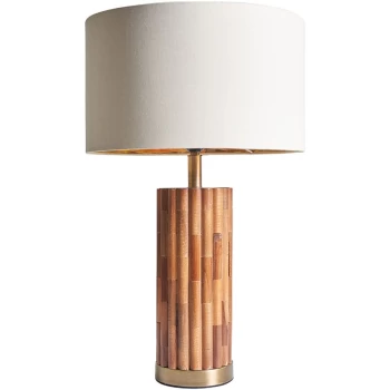 Image of Wooden Cylinder Table Lamp with Fabric Drum Lampshade - Beige & Gold