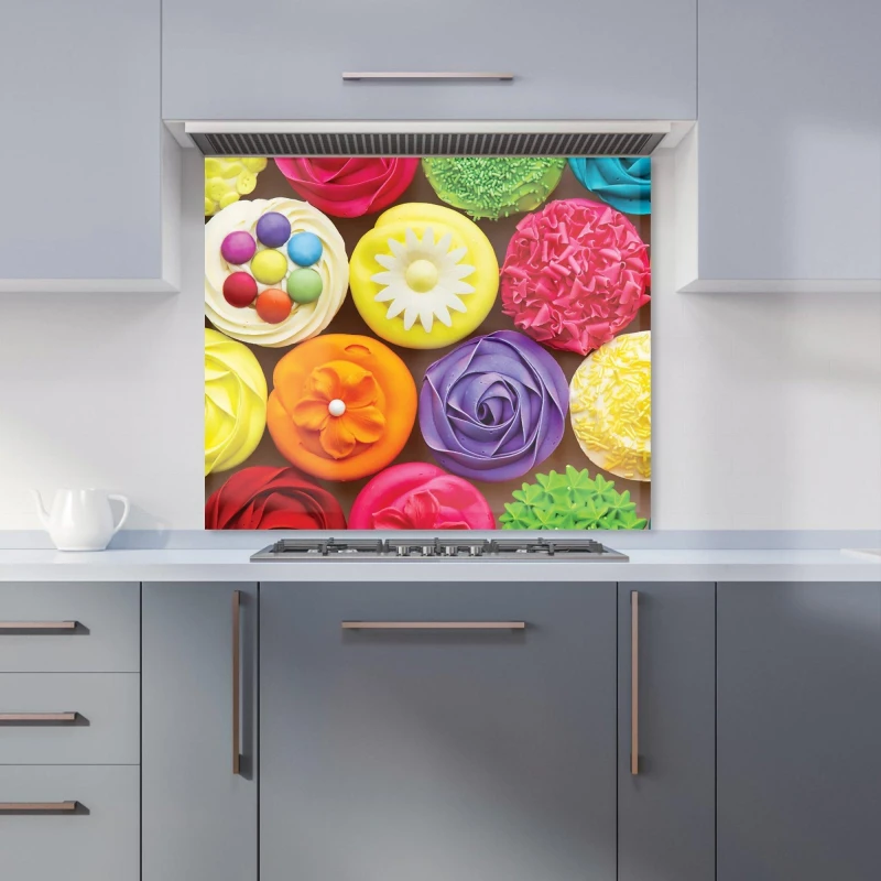 Image of Warren Reed - Designer Bright Colourful Cupcakes Kitchen Splashback in Yellow Size: 600mm x 600mm Yellow Unisex 600mm x 600mm