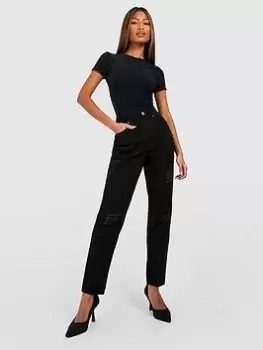Image of Boohoo High Rise Distressed Mom Jeans - Black, Size 8, Women