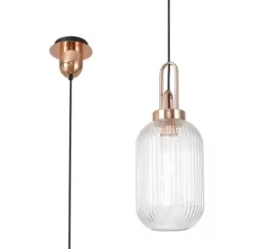 Image of 1 Light Pendant E27 With 20cm Tubular Ribbed Glass, Clear Copper, Matt Black
