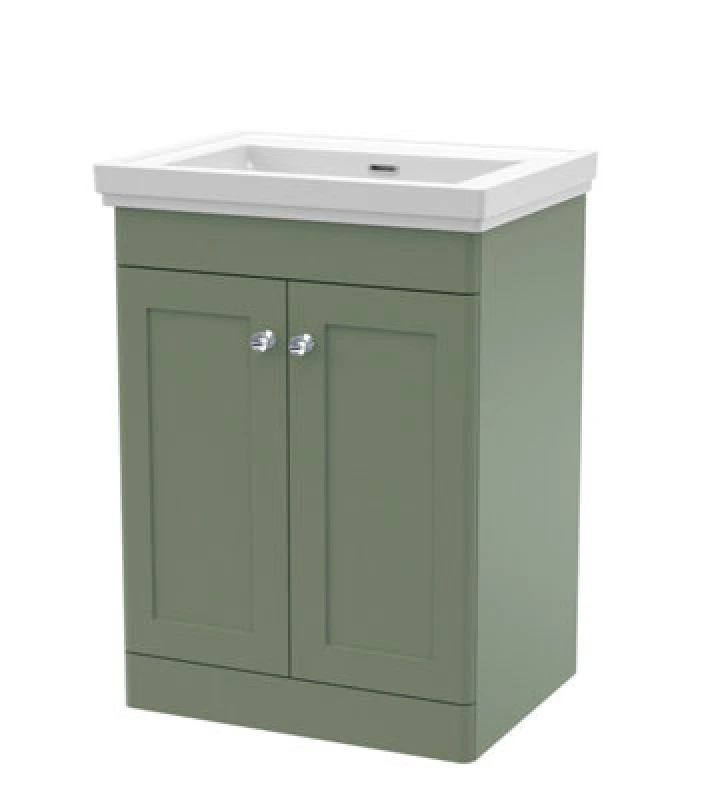 Image of NUIE Nuie - Classique Floor Standing 2-Door Vanity Unit with Classic Basin 600mm Wide Satin Green - 0 Tap Hole CLC825H