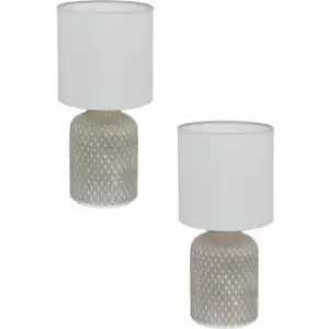 Image of 2 pack Table Desk Lamp Grey Patterned Ceramic Shade White Fabric Bulb E14 1x40W