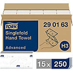Image of Tork Folded Hand Towels H3 Advanced 2 Ply V-fold White 15 Pieces of 250 Sheets