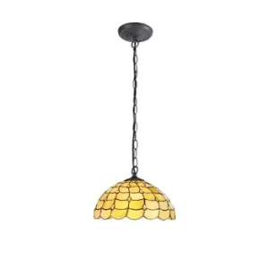 Image of 1 Light Downlighter Ceiling Pendant E27 With 40cm Tiffany Shade, Beige, Clear Crystal, Aged Antique Brass