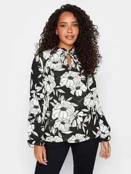 Image of M&Co Floral Tie Neck Blouse - Black, Size 18, Women