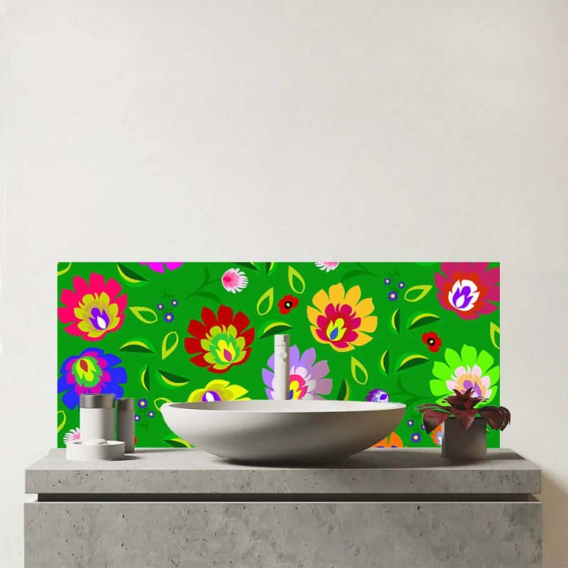 Image of Warren Reed - Designer Polish Folk Floral Glass Bathroom Splashback in Green Green Unisex