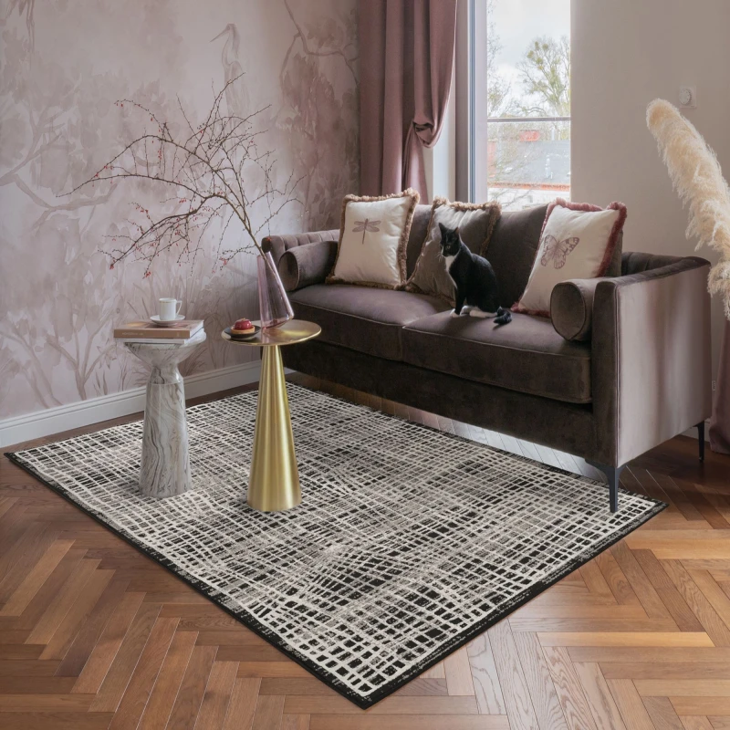 Image of Mayfair Living Room Area Rug Metallic Sheen Contemporary Modern Mesh Design - Black 120Cm X 170Cm