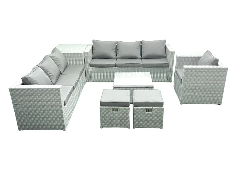 Image of Fimous Wicker PE Rattan Sofa Garden Furniture Set with Armchair Square Coffee Table 2 Small Footstools Side Table Light Grey Mixed Light Grey