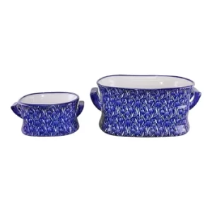 Image of Set of 2 Ceramic Footbath Planters, Vintage Blue & Green Crocus Design