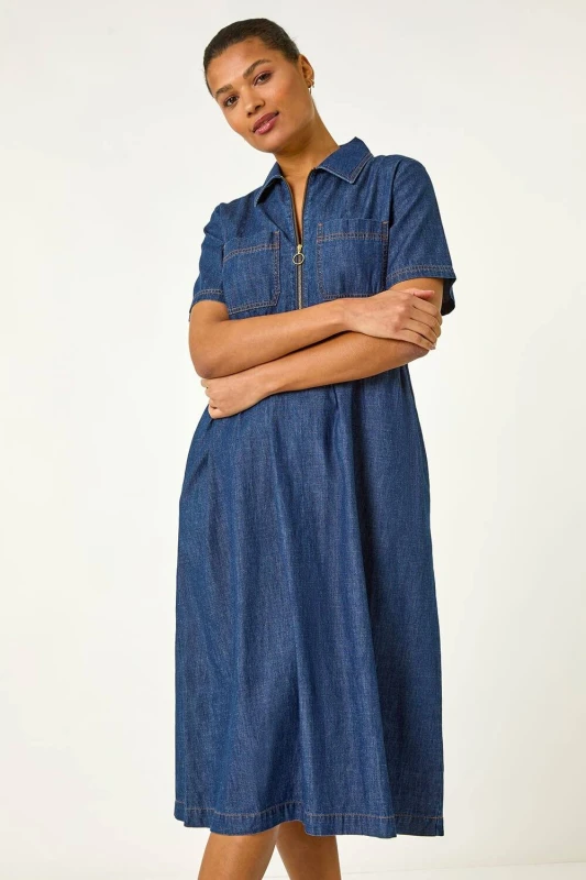Image of Roman Womens Denim Zip A-Line Midi Dress in Mid Blue Size: 10 Mid Blue Female 10