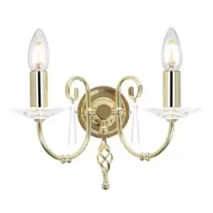 Image of Twin Wall Light Cut Glass Droplets Swirl Finial Polished Brass LED E14 60W