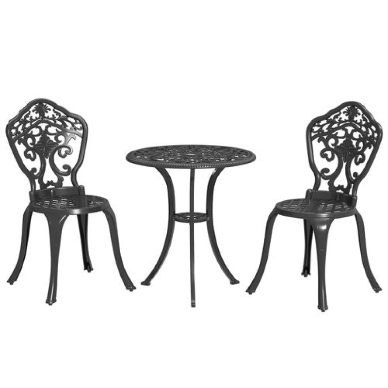 Image of Outsunny 3 Piece Cast Aluminium Bistro Set with Parasol Hole for Balcony, Patio Black