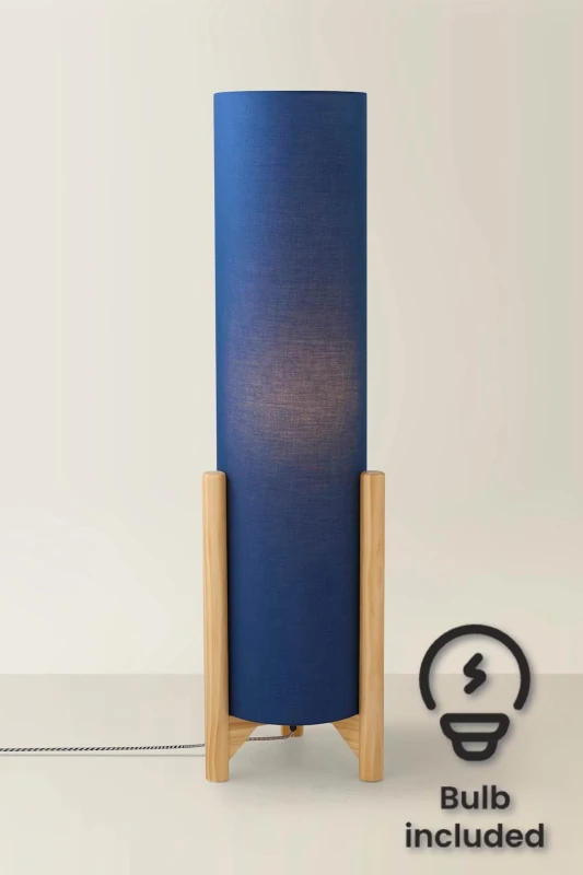 Image of ValueLights Henry Wooden Base Midi Floor Lamp with Tall Fabric Shade with LED Bulb Navy