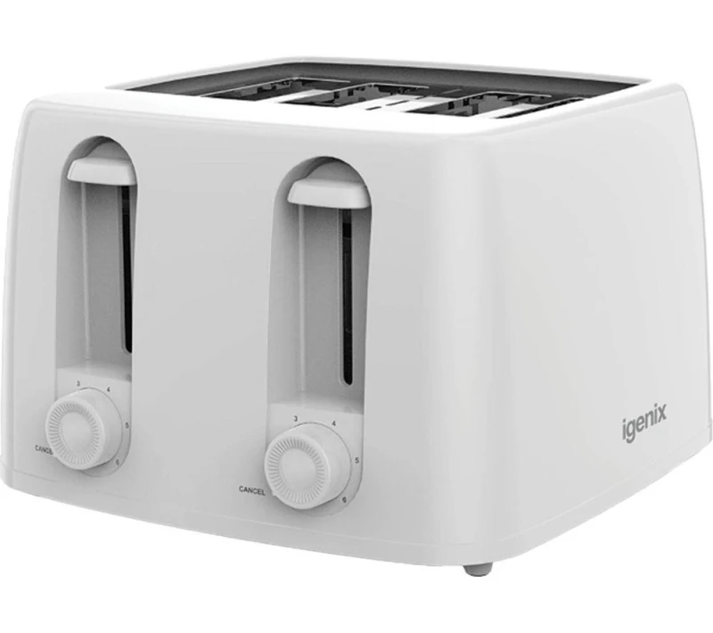 Image of Igenix 4 Slice Toaster, 1300W, 100X100mm Slots, 6 Browning Levels, Control Dial, Cancel Function, Crumb Tray, Cord Storage, White