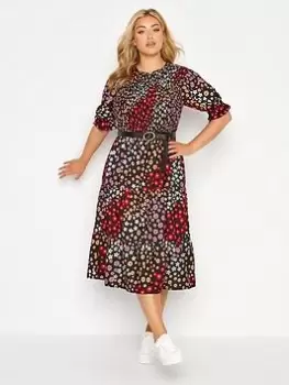 Image of Yours Shirred Frill Sleeve Dress Black Multi, Black, Size 20, Women