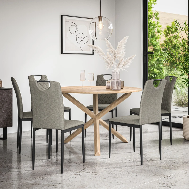 Image of More4Homes Malvern Round Dining Table And Chairs - Oak Table Top W Solid Oak Legs + Monza Fabric Dining Chair Set Of 6 (Grey)