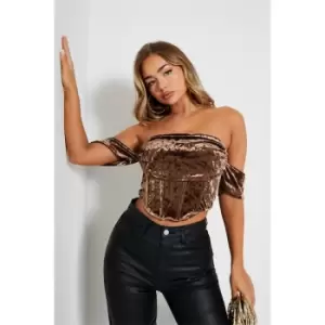 Image of I Saw It First Bardot Velvet Corset Crop Top - Brown