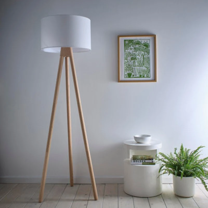 Image of K Living Tall Oak Wooden Tripod Floor Lamp And Matching White Linen Lampshades