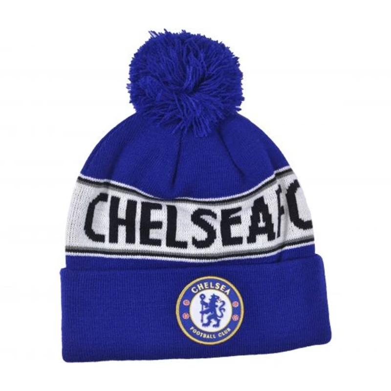 Image of Chelsea FC Mens Text Knitted Bobble Hat in Royal Royal Male One Size