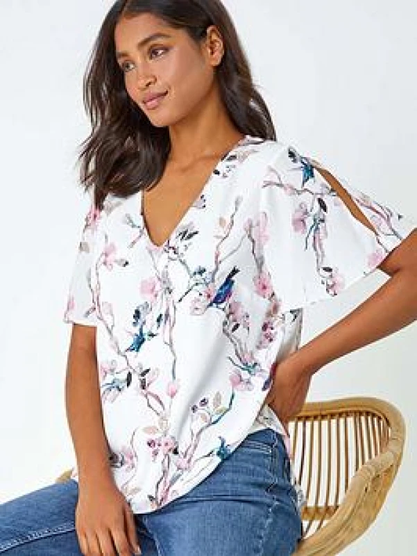 Image of Roman Womens Floral Angel Sleeve V-Neck Top in Ivory Size: 10 Ivory Female 10