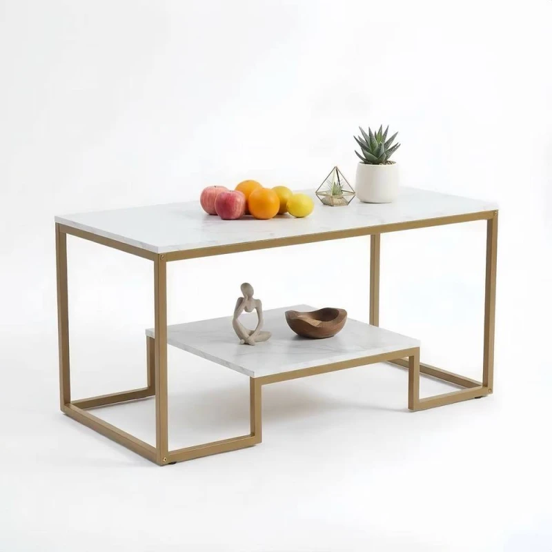 Image of Alivio Modern Coffee Table with Metal Frame & Storage Shelves in White White Unisex