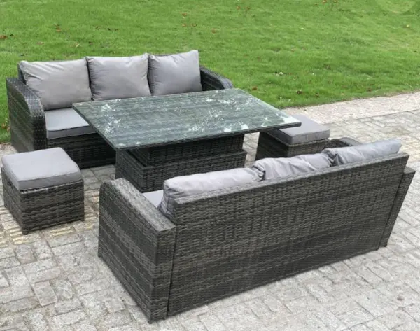 Image of Fimous 8 Seater Outdoor Dark Grey Rattan Lounge Complete Sofa Set with Adjustable Rising Lifting Table, Lounge Sofa, and Small Footstools