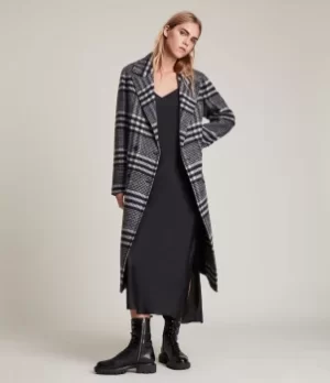 Image of AllSaints Womens Ensley Wool Blend Check Coat, Black/White, Size: 10