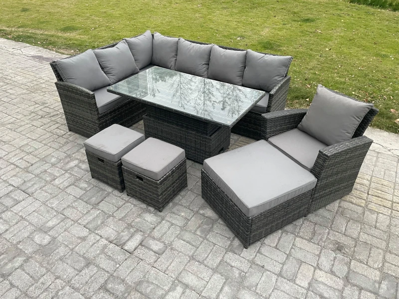 Image of Fimous Outdoor Garden Furniture Set Wicker PE Rattan Height Adjustable Rising Lifting Table Sofa Dining Set with 3 Footstools Armchair in Dark Grey Da