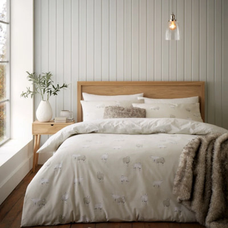 Image of Catherine Lansfield Sheep 100% Brushed Cotton Duvet Cover and Pillowcase Set Natural