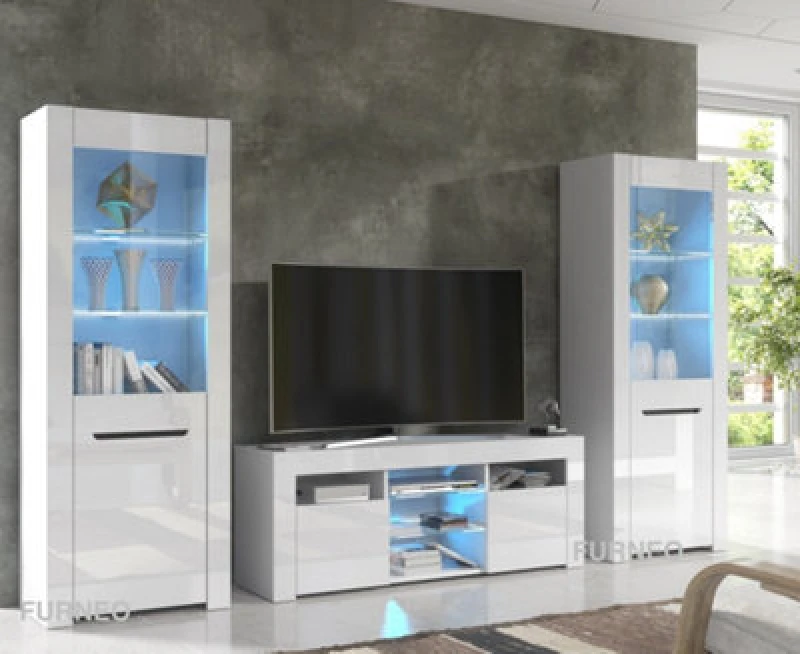 Image of Furneo High Gloss & Matt White Living Room Set TV Stand Display Cabinets Milanow Blue LED Lights