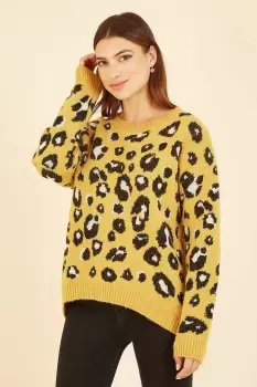 Image of Mustard Animal Print Intarsia Knitted Jumper