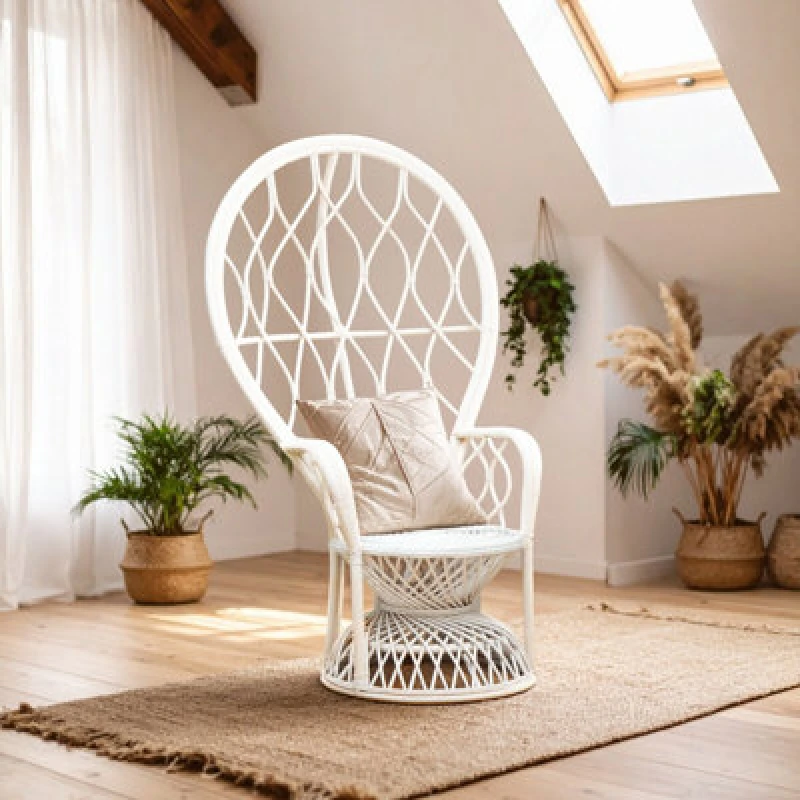 Image of Orsina Grey And White High Back Rattan Peakcock Chair, Rattan Arm Chair, Rattan Patio Chair For Home, Garden