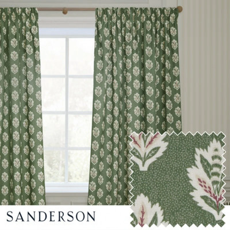 Image of Sanderson Sanderson Sessile Leaf Printed Room Darkening Pencil Pleat Curtains in Light Green Size: 229cm width x 183cm drop Light Green 229cm width