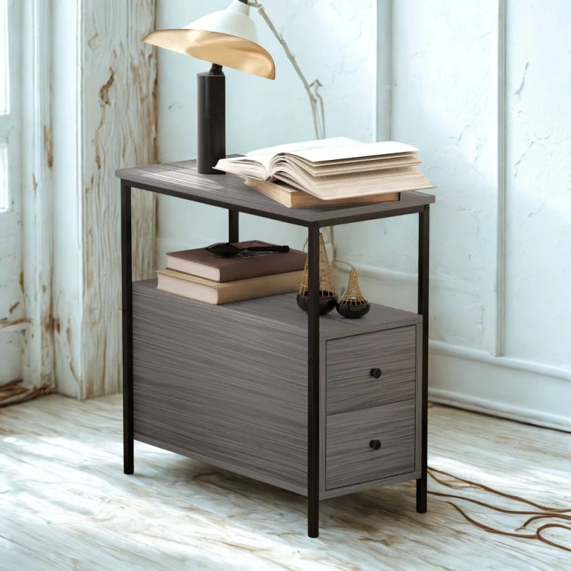 Image of Pirlo Plush Industrial Bedside Table Nightstand With 2 Drawers & Shelf Grey Grey Unisex