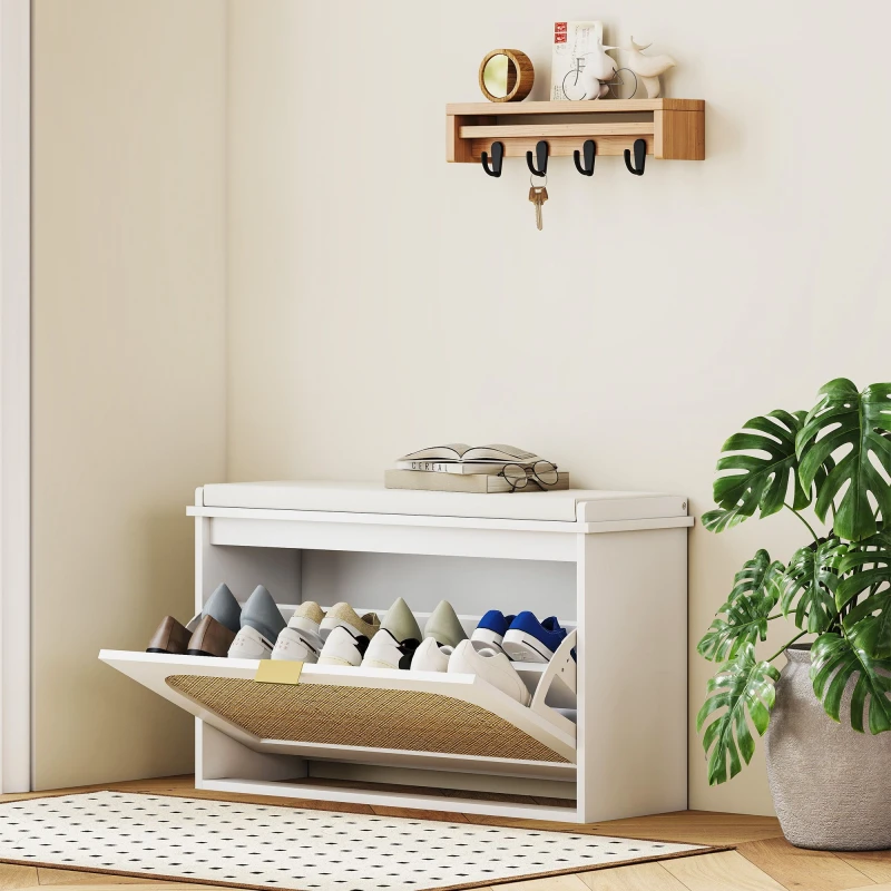 Image of HOMCOM Boho Shoe Bench with Padded Seat and Flip-Drawer, White 837-600V70WT